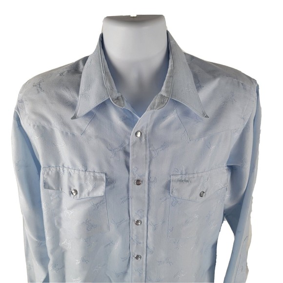 Vtg Stetson Saddle Tail Mens Shirt Sz L Embroidered Horse Pearl Snap Cowboy Blue - Picture 2 of 7